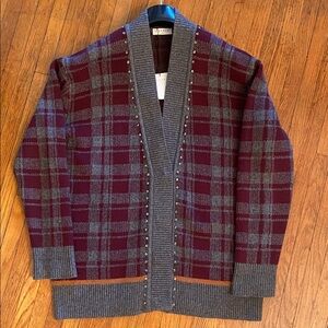 Sandro Paris Womens Burgundy and Gray Plaid oversized cardigan sweater